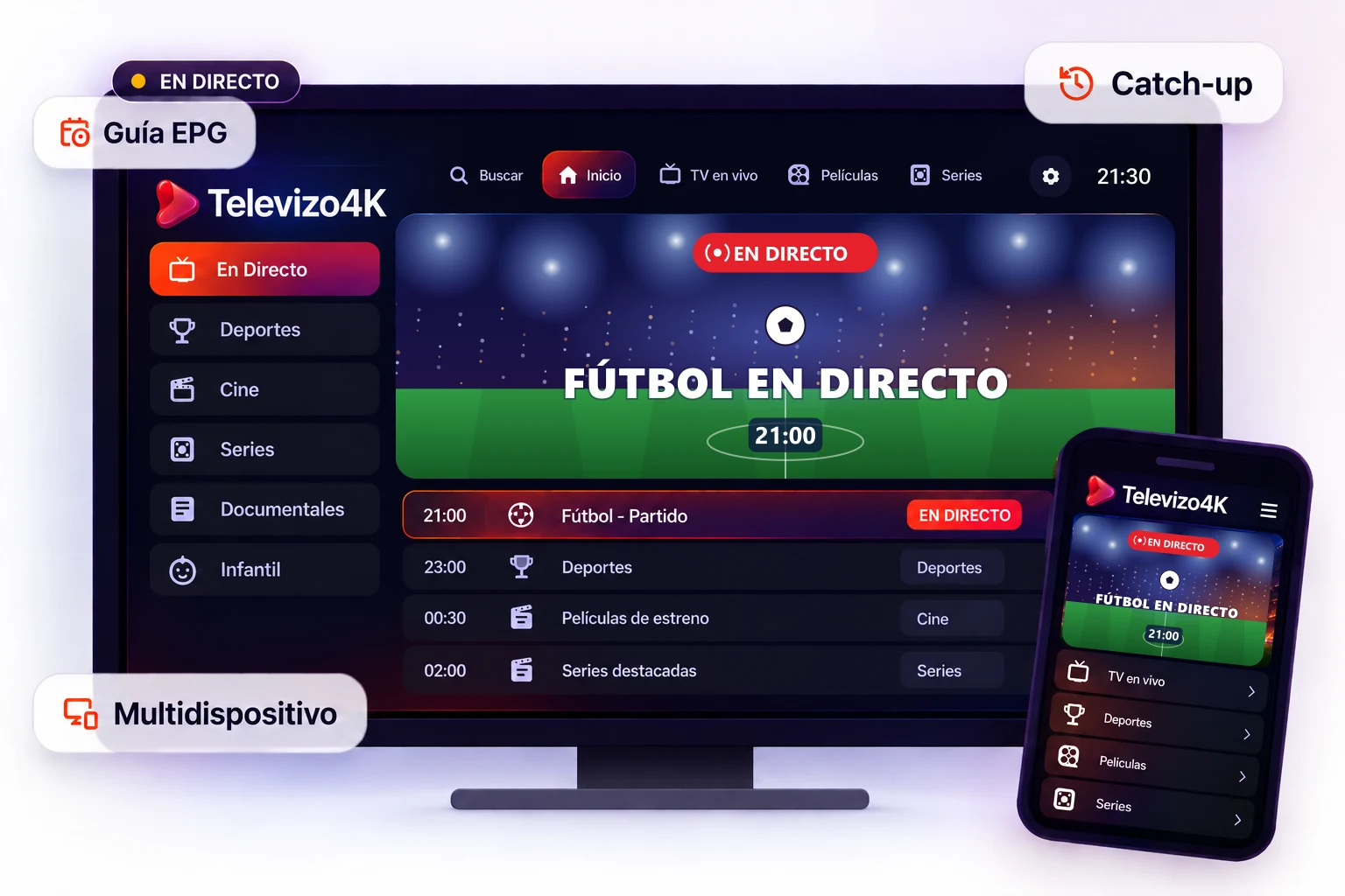 Televizo4K en una Smart TV y un móvil, con menú de televisión en directo, deportes, cine, series y guía de programación